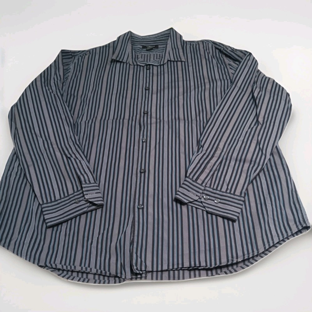 Attention Mens 2XL Modern Fit Button Shirt Black Gray Blue Striped Long Sleeve